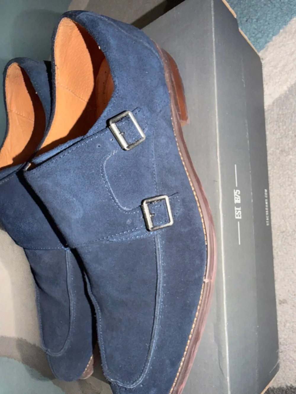 Stacy Adams Navy Suede Double Monk Strap Oxfords with Tan Lining